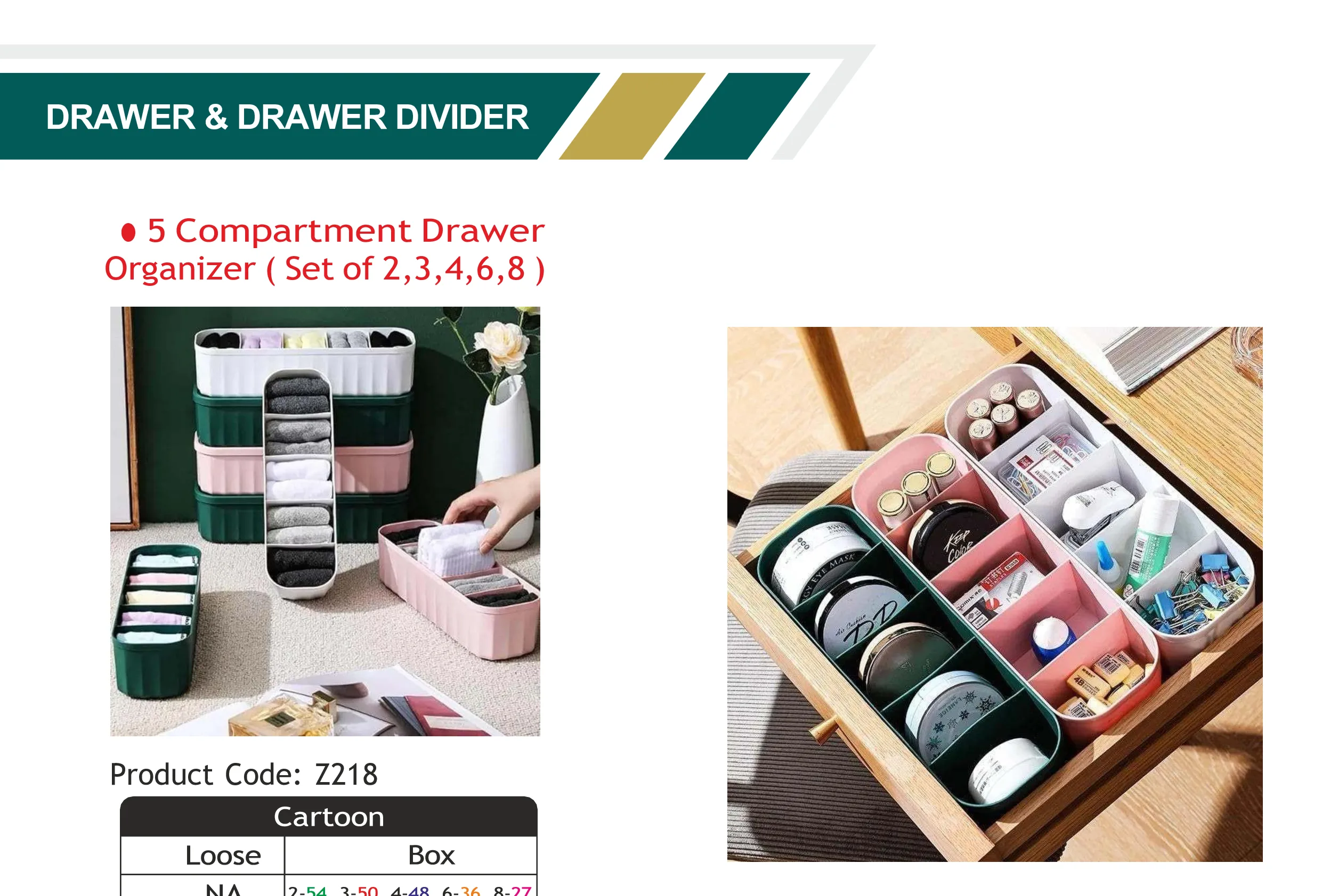5 Compartment Drawer Organizer (Set of 2, 3, 4, 6, 8)